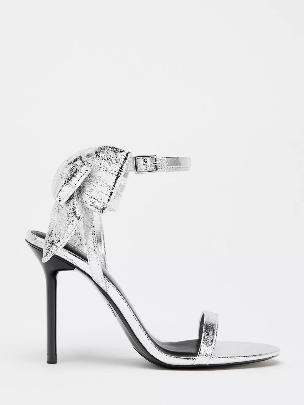 Zara Silver Bow Ankle-Strap Stiletto Sandals